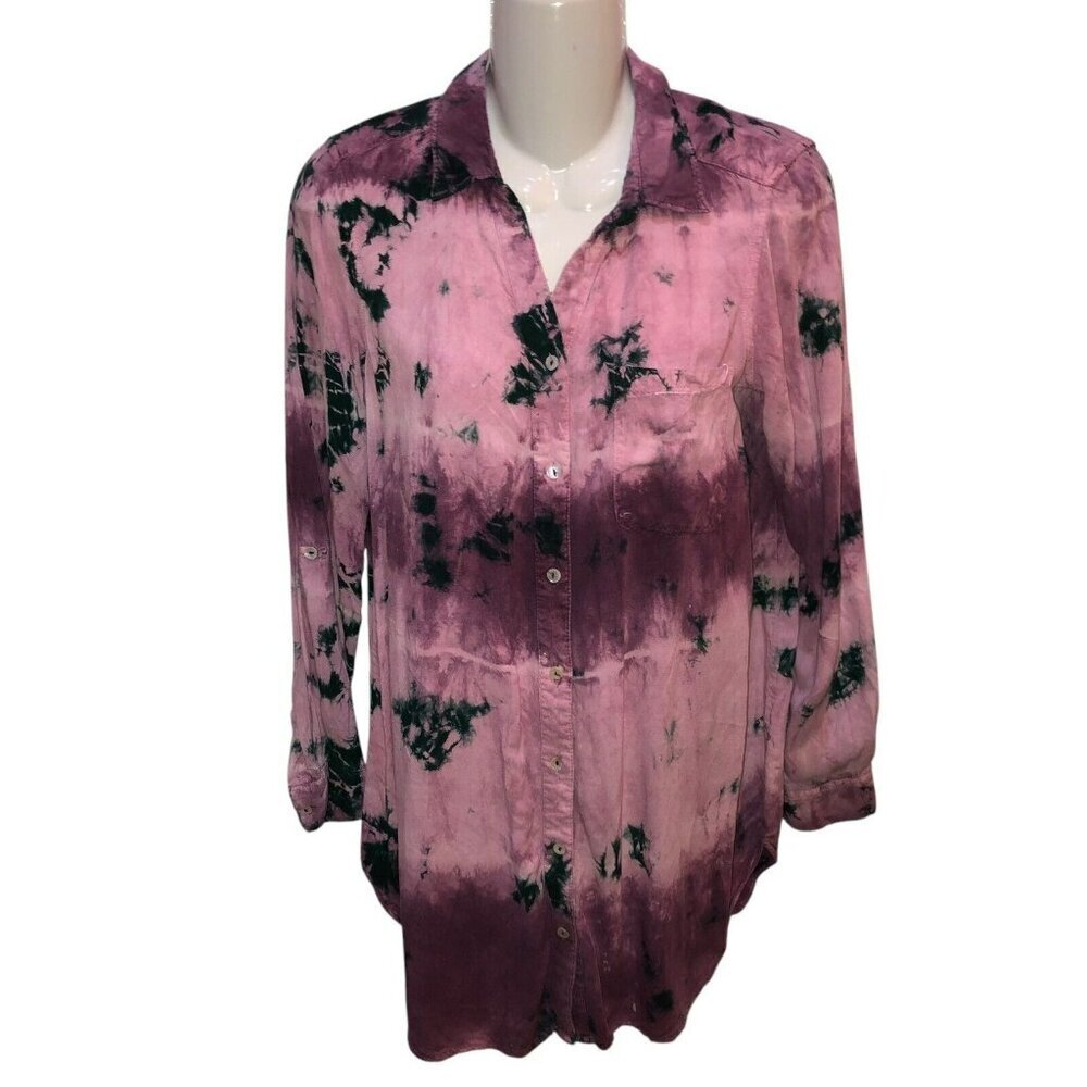 Caffe Marrakesh Womens Medium Purple Tie Dye Button Up Long Sleeve Top Shirt